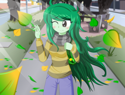 Size: 2212x1676 | Tagged: safe, artist:oshitsukiryuu, wallflower blush, equestria girls, equestria girls series, forgotten friendship, g4, autumn, blushing, clothes, cute, female, flowerbetes, freckles, leaves, one eye closed, scarf, solo, wallflower and plants, wind, windswept hair