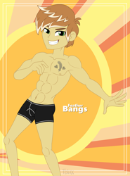 Size: 3775x5107 | Tagged: safe, alternate version, artist:felux, edit, feather bangs, human, equestria girls, g4, my little pony equestria girls: better together, abs, boxers, clothes, cutie mark tattoo, male, nudity, partial nudity, sexy, show accurate, smiling, solo, stupid sexy feather bangs, tattoo, text, topless, underwear