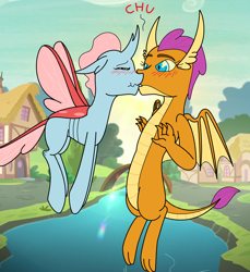 Size: 1588x1736 | Tagged: safe, artist:leeloo, ocellus, smolder, changeling, dragon, g4, blushing, changeling x dragon, cute, diaocelles, duo, female, interspecies, kiss on the lips, kissing, lesbian, ship:smolcellus, shipping, smolderbetes, surprise kiss, surprised