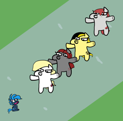 Size: 1868x1840 | Tagged: safe, artist:wren, oc, oc:aryanne, oc:clout chaser, oc:leslie fair, oc:molly tov, oc:veronika, earth pony, pegasus, pony, derpibooru, the end of derpibooru, g4.5, my little pony: pony life, authoritarianism, bully, bullying, giant earth pony, giant pony, giant squatpony, giant/macro earth pony, grass, hammer and sickle, macro, meta, nervous, road, sitting, squatpony, standing, stare, swastika, sweat, t pose, tank man, tank mare, tiananmen square, worried