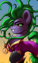 Size: 1800x3000 | Tagged: safe, artist:skitsroom, mane-iac, earth pony, pony, g4, 1st place, cute, evil grin, female, grin, looking at you, mare, medal, simple background, smiling, solo