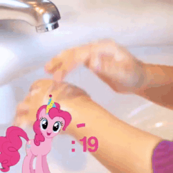 Size: 720x720 | Tagged: safe, edit, sound edit, pinkie pie, earth pony, human, pony, call of the cutie, g4, 2020, animated, birthday, coronavirus, countdown, covid-19, cupcakes song, female, hand washing, hat, looking at you, mare, offscreen character, offscreen human, party hat, singing, solo, song, sound, talking to viewer, webm