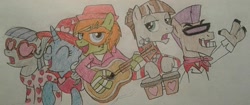 Size: 1280x538 | Tagged: safe, artist:jebens1, maud pie, mudbriar, trixie, earth pony, pony, unicorn, anthro, g4, bebop, guitar, hearts and hooves day, michelangelo, musical instrument, singing, song reference, teenage mutant ninja turtles