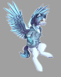 Size: 1584x2000 | Tagged: safe, artist:xvaleox, oc, oc only, oc:sweetly night, pegasus, semi-anthro, clothes, gray background, hand in pocket, hoodie, simple background, solo