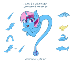 Size: 2938x2391 | Tagged: safe, artist:eyeburn, oc, oc only, oc:parcly taxel, alicorn, genie, genie pony, pony, shark, snake, albumin flask, alicorn oc, bat wings, bottle, crossed hooves, female, floating, high res, horn, horn ring, looking at you, magic lamp, mare, ring, simple background, smiling, solo, white background, wings