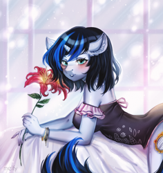 Size: 2552x2700 | Tagged: safe, artist:melfy, oc, oc only, oc:mirror image, unicorn, anthro, blushing, female, flower, high res, horn, solo