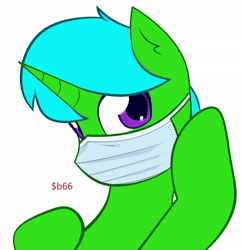 Size: 700x724 | Tagged: safe, alternate version, artist:$b66, oc, oc only, oc:green byte, pony, unicorn, commission, face mask, horn, male, mask, signature, simple background, solo, stallion, transparent background, unicorn oc, ych result