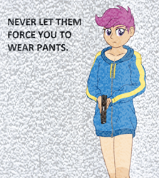 Size: 730x820 | Tagged: safe, artist:deserter, scootaloo, human, g4, abstract background, aesthetics, aside glance, bottomless, breasts, clothes, clothing theft, context is for the weak, delicious flat chest, frown, gun, handgun, hoodie, humanized, implied commando, oversized clothes, partial nudity, pistol, rainbow dash's hoodie, short hair, static, tan lines, trigger discipline, weapon