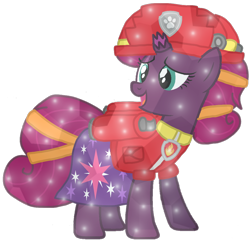 Size: 1080x1046 | Tagged: safe, artist:徐詩珮, fizzlepop berrytwist, tempest shadow, crystal pony, pony, unicorn, series:sprglitemplight diary, series:sprglitemplight life jacket days, series:springshadowdrops diary, series:springshadowdrops life jacket days, g4, alternate universe, broken horn, clothes, crystallized, cute, cutie mark, cutie mark on clothes, dress, eye scar, eyelashes, female, helmet, horn, looking back, mare, marshall (paw patrol), open mouth, paw patrol, paw prints, scar, simple background, solo, transparent background