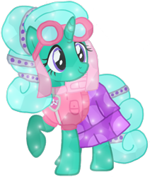 Size: 917x1080 | Tagged: safe, artist:徐詩珮, glitter drops, crystal pony, pony, unicorn, series:sprglitemplight diary, series:sprglitemplight life jacket days, series:springshadowdrops diary, series:springshadowdrops life jacket days, g4, alternate universe, base used, clothes, crystallized, cute, dress, eyelashes, female, goggles, looking back, mare, paw patrol, raised hoof, simple background, skye (paw patrol), smiling, solo, transparent background