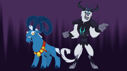 Size: 5360x3008 | Tagged: safe, artist:andoanimalia, grogar, storm king, goat, sheep, yeti, g4, my little pony: the movie, angry, antagonist, armor, beard, beast, claws, clenched fist, cloven hooves, collar, crown, dark background, duo, duo male, eyebrows, facial hair, fangs, horns, jewelry, looking at you, male, pointing, ram, regalia, snarling, storm king's emblem, tail