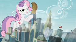 Size: 1280x720 | Tagged: safe, artist:andoanimalia, edit, editor:jaredking779, sweetie belle, pony, unicorn, g4, bipedal, building, butt, crystaller building, female, giant pony, giant unicorn, giantess, macro, manehattan, mare, mega sweetie belle, older, older sweetie belle, plot