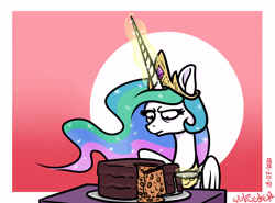 Size: 5401x4000 | Tagged: safe, artist:poecillia-gracilis19, princess celestia, alicorn, pony, g4, baked beans, beans, cake, celestia is not amused, crown, ethereal mane, female, food, glowing horn, horn, jewelry, knife, mare, meme, regalia, the cake is a lie, this will end in farts, this will end in tears and/or a journey to the moon, unamused