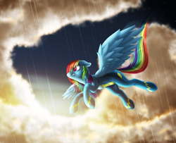 Size: 4300x3500 | Tagged: safe, artist:awalex, rainbow dash, pegasus, pony, g4, clothes, cloud, female, floppy ears, flying, high res, mare, rain, sky, smiling, solo, spread wings, uniform, wet, wet mane, wings, wonderbolts uniform