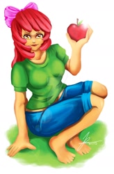 Size: 1280x1952 | Tagged: safe, artist:jennobasilicum, apple bloom, human, g4, apple bloom's bow, barefoot, belt, bow, breasts, busty apple bloom, clothes, deviantart watermark, feet, female, hair bow, humanized, obtrusive watermark, older, older apple bloom, shirt, short, simple background, solo, t-shirt, watermark, white background