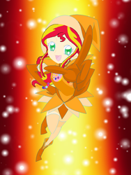 Size: 768x1024 | Tagged: safe, artist:magical-mama, artist:royaleanimequeen, sunset shimmer, equestria girls, g4, abstract background, boots, clothes, crossover, doremi, female, gloves, hat, looking at you, ojamajo doremi, open mouth, shoes, smiling, solo, witch, witch apprentice, witch costume, witch hat