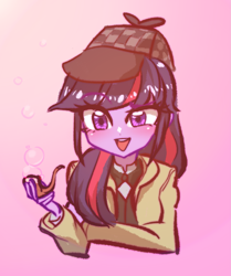 Size: 1641x1962 | Tagged: safe, artist:rileyav, twilight sparkle, equestria girls, g4, mmmystery on the friendship express, bubble, bust, deerstalker, detective, dick tracy, equestria girls interpretation, female, hat, looking at you, open mouth, pink background, pipe, scene interpretation, sherlock holmes, sherlock sparkle, simple background, solo