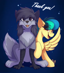 Size: 2000x2250 | Tagged: safe, artist:shadowreindeer, oc, oc only, oc:apogee, oc:houston, oc:kate, enfield, mouse, original species, pegasus, pony, chest fluff, eye clipping through hair, female, filly, furry, gift art, high res, looking at you, present, sitting, smiling, spread wings, wings