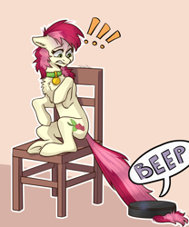 Size: 2500x3000 | Tagged: safe, artist:chibadeer, roseluck, earth pony, pony, g4, about to have tail sucked into a roomba, adorable distress, beep, collar, commissioner:doom9454, cute, female, fluffy, high res, mare, pet tag, pony pet, roomba, rosepet, scary, tail, vacuum cleaner