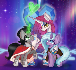 Size: 5091x4692 | Tagged: safe, artist:janelearts, idw, king sombra, princess amore, radiant hope, pony, unicorn, g4, aurora borealis, crystal heart, female, looking down, looking up, male, mare, reformed sombra, stallion