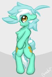 Size: 2409x3517 | Tagged: safe, artist:llametsul, lyra heartstrings, pony, unicorn, semi-anthro, g4, arm hooves, blushing, both cutie marks, chest fluff, crossed arms, cute, female, floppy ears, fluffy mane, high res, horn, looking at you, lyrabetes, mare, pose, shy, signature, simple background, smiling, solo, standing