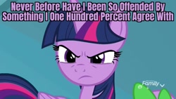 Size: 1280x720 | Tagged: safe, edit, edited screencap, screencap, spike, twilight sparkle, alicorn, pony, g4, school raze, caption, image macro, james acaster, op has a point (reaction image), reaction image, text, twilight sparkle (alicorn)