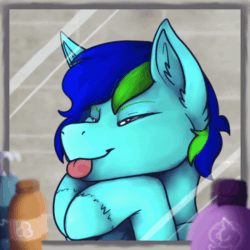 Size: 800x800 | Tagged: safe, artist:sursiq, oc, oc only, pegasus, pony, :p, animated, commission, gif, hooves up, mirror, one eye closed, solo, tongue out, wink, your character here
