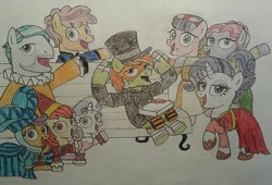 Size: 900x613 | Tagged: safe, artist:jebens1, apple bloom, late show, on stage, rarity, raspberry beret, scootaloo, stardom, sweetie belle, for whom the sweetie belle toils, g4, cutie mark crusaders, larry's high silk hat, method mares, michelangelo, opera, parody, scene parody, silly songs, singing, song in the description, song parody, song reference, teenage mutant ninja turtles, veggietales