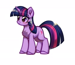 Size: 2048x1780 | Tagged: safe, artist:wkirin, twilight sparkle, pony, unicorn, g4, chest fluff, emala jiss challenge, female, mare, simple background, smiling, solo, standing, unicorn twilight, white background