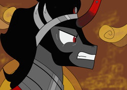 Size: 3800x2700 | Tagged: safe, artist:ksldrdpl, king sombra, pony, unicorn, g4, armor, bared teeth, crown, curved horn, high res, horn, jewelry, male, red eyes, regalia, scowl, solo, wavy mane