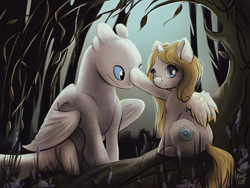 Size: 4000x3000 | Tagged: safe, artist:kchche, oc, oc:sweetie shy, alicorn, dragon, light fury, pony, chat, chatting, crossover, cute, dreamworks, friend, friendship, how to train your dragon, kindness, scenery, smiling, wood