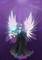 Size: 2480x3508 | Tagged: safe, artist:lunathemoongod, oc, oc only, alicorn, anthro, clothes, dress, fire, high res, magic, makeup, simple background, socks, solo, tattoo