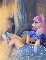 Size: 1080x1400 | Tagged: safe, artist:lavenderwind, oc, oc only, earth pony, pony, bath, bathroom, female, mare, musical instrument, ponified, sink, solo, ukulele, water