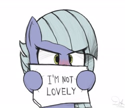Size: 2779x2398 | Tagged: safe, artist:drawalaverr, limestone pie, earth pony, pony, g4, annoying, blatant lies, blushing, bronybait, cute, eye clipping through hair, fanart, female, high res, i'm not cute, limabetes, limetsun pie, mare, sign, simple background, solo, tsundere, white background
