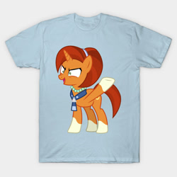 Size: 630x630 | Tagged: safe, screencap, stellar flare, pony, g4, the parent map, advertisement, clothes, coat markings, evil grin, grin, jewelry, necklace, raised hoof, shirt, smiling, socks (coat markings), t-shirt