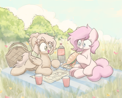 Size: 2560x2048 | Tagged: safe, artist:sugar morning, oc, oc only, oc:kayla, oc:mary jane, earth pony, pegasus, pony, bag, cloud, coca-cola, commission, cottagecore, couple, cute, eating, female, flower, food, grass, herbivore, high res, kayry, lesbian, map, mare, oc x oc, picnic, plastic cup, prone, sandwich, scenery, shipping, sketch, sky, soda, submarine sandwich, tree