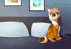 Size: 1743x1200 | Tagged: safe, artist:28gooddays, oc, oc only, oc:ember burd, griffon, animated, bed, behaving like a cat, catbird, colored wings, commission, cute, eared griffon, gif, gradient wings, griffon oc, griffons doing cat things, laser pointer, male, multicolored wings, on bed, paw prints, solo, wings, ych result, younger