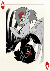 Size: 731x1024 | Tagged: safe, artist:move, oc, oc only, oc:move, pegasus, pony, ace of hearts, duo, gray mane, green eyes, grey fur, playing card, shadow, smiling, wings