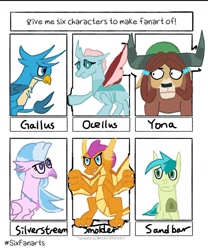 Size: 1080x1295 | Tagged: safe, artist:gallus_young6, gallus, ocellus, sandbar, silverstream, smolder, yona, changedling, changeling, classical hippogriff, dragon, earth pony, griffon, hippogriff, pony, yak, g4, bust, dragoness, female, jewelry, male, necklace, six fanarts, student six, wide eyes