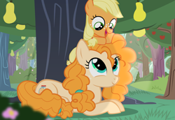 Size: 6299x4331 | Tagged: safe, artist:ace play, applejack, pear butter, earth pony, pony, g4, absurd resolution, apple, apple tree, cute, duo, female, filly, filly applejack, food, jackabetes, looking at each other, mother and child, mother and daughter, pear, pear tree, pearabetes, prone, show accurate, sitting on head, tree, vector, younger