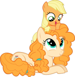 Size: 8625x8915 | Tagged: safe, artist:ace play, applejack, pear butter, earth pony, pony, g4, absurd resolution, cute, duo, female, filly, filly applejack, jackabetes, looking at each other, mother and child, mother and daughter, motherly love, pearabetes, prone, simple background, sitting on head, transparent background, vector, younger