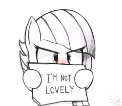Size: 2779x2398 | Tagged: safe, artist:drawalaverr, limestone pie, earth pony, pony, g4, annoying, blatant lies, blushing, cute, eye clipping through hair, fanart, female, high res, i'm not cute, lies, limabetes, limetsun pie, mare, monochrome, sign, simple background, sketch, solo, tsundere, white background