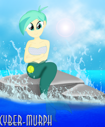 Size: 1856x2240 | Tagged: safe, artist:cyber-murph, tennis match, mermaid, equestria girls, g4, my little pony equestria girls: better together, background human, bandeau, belly, belly button, crossed arms, female, looking at you, mermaidized, midriff, ocean, rock, scales, short hair, signature, sitting, smiling, smiling at you, solo, species swap, splash
