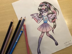 Size: 2048x1536 | Tagged: safe, artist:kanashiona, sci-twi, twilight sparkle, equestria girls, g4, clothes, colored pencil drawing, female, glasses, pony ears, solo, traditional art, wings
