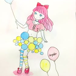 Size: 2048x2048 | Tagged: safe, artist:egoistic_sayoko, pinkie pie, human, g4, balloon, belly button, bow, clothes, cute, diapinkes, fashion, female, hair bow, high res, humanized, midriff, short shirt, solo