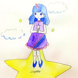 Size: 2048x2048 | Tagged: safe, artist:egoistic_sayoko, twilight sparkle, human, g4, alternate eye color, clothes, cloud, dress, female, high res, horn, humanized, shoes, solo, stars
