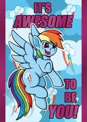 Size: 1500x2100 | Tagged: safe, artist:riverfox237, rainbow dash, pegasus, pony, g4, cutie mark, female, open mouth, pointing, postcard, solo