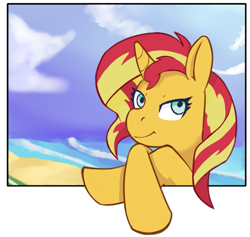 Size: 993x940 | Tagged: safe, artist:wild-thunder06, sunset shimmer, pony, unicorn, g4, beach, female, looking at you, solo, waiting