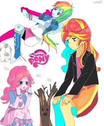 Size: 1000x1200 | Tagged: safe, artist:nerumamoru, pinkie pie, rainbow dash, sunset shimmer, equestria girls, g4, anime, football, laughter song, sports, surprised, tree