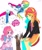 Size: 1000x1200 | Tagged: safe, artist:nerumamoru, pinkie pie, rainbow dash, sunset shimmer, equestria girls, g4, anime, football, laughter song, sports, surprised, tree